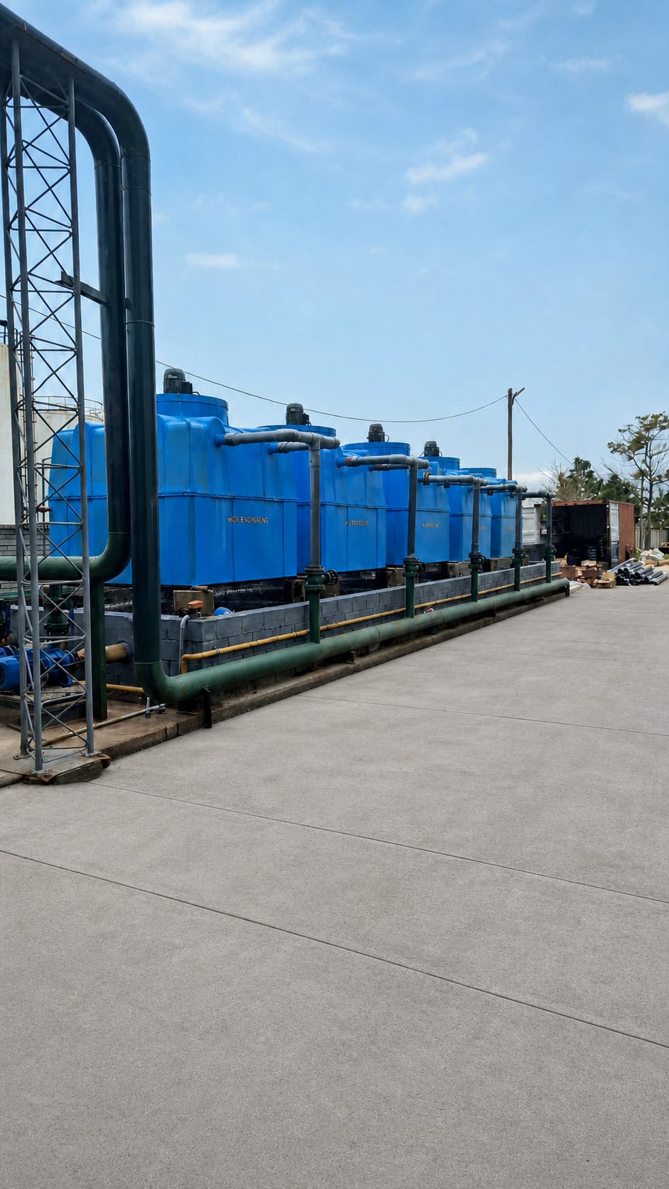 Batería de reactores de proceso con colector de piping en el predio de la planta de Transquim