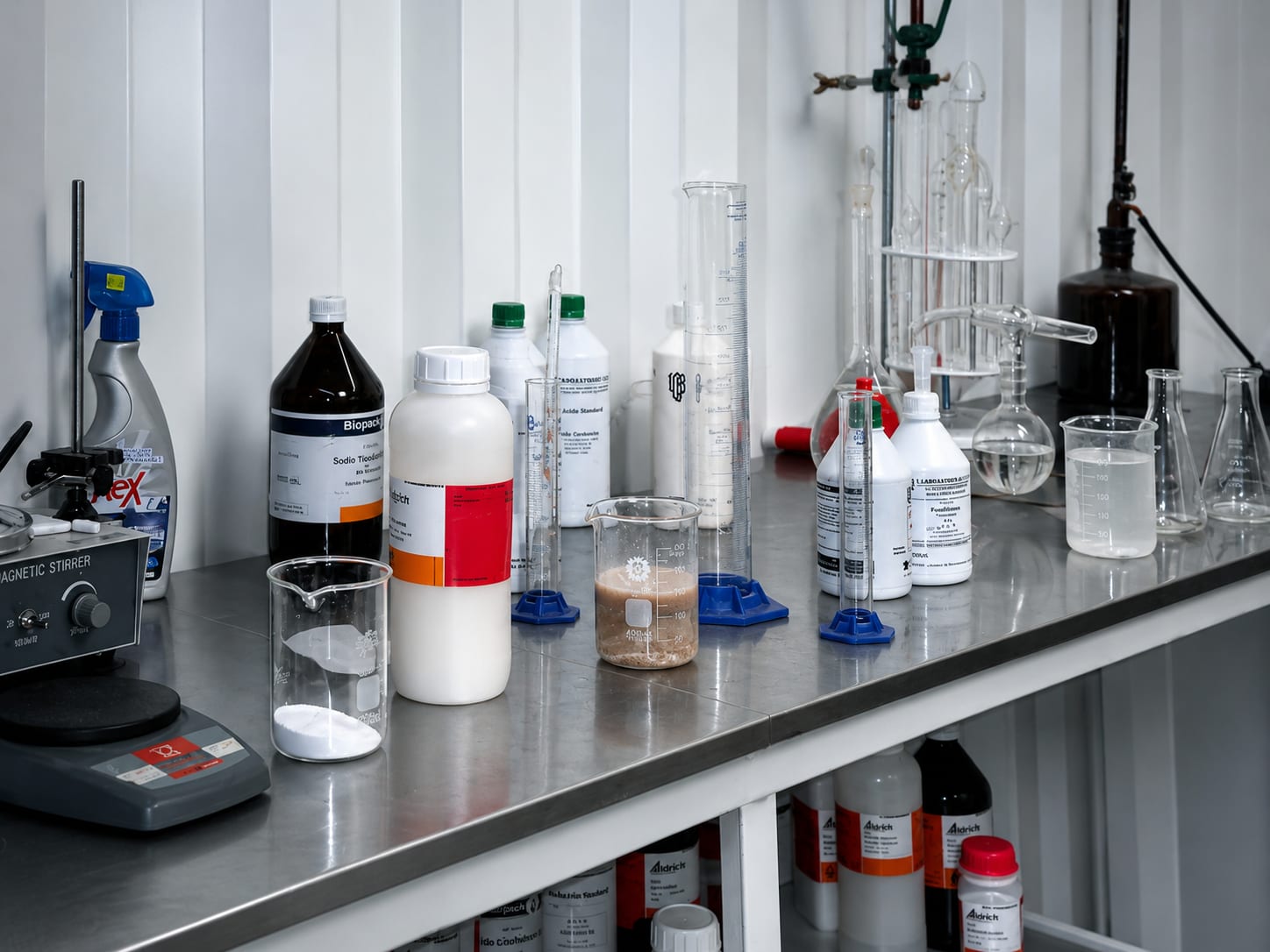 Mesada de laboratorio de control de calidad con material de vidrio, reactivos y balanza