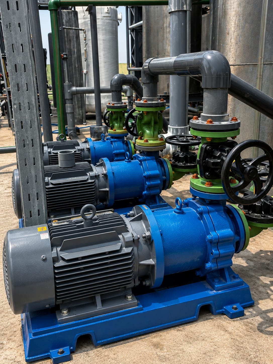 Bombas centrífugas con motores eléctricos y válvulas integradas en una instalación de proceso